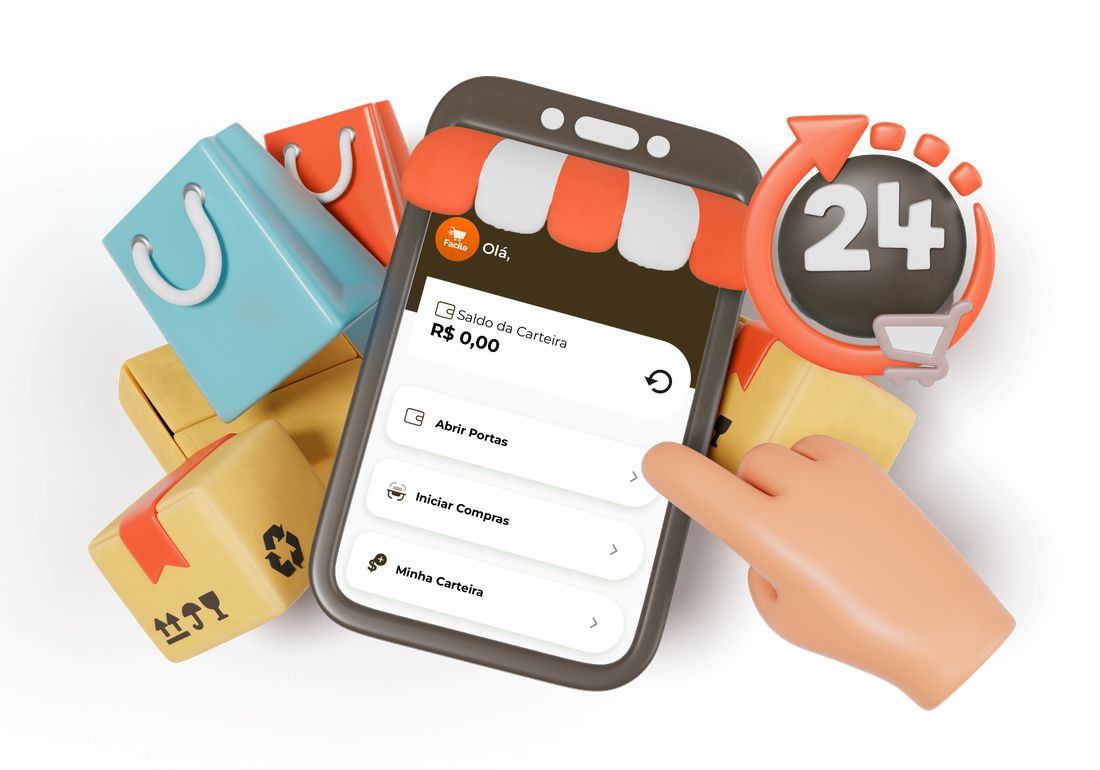 Aplicativo Facile no celular, com abertura de porta, início de compras e carteira digital
